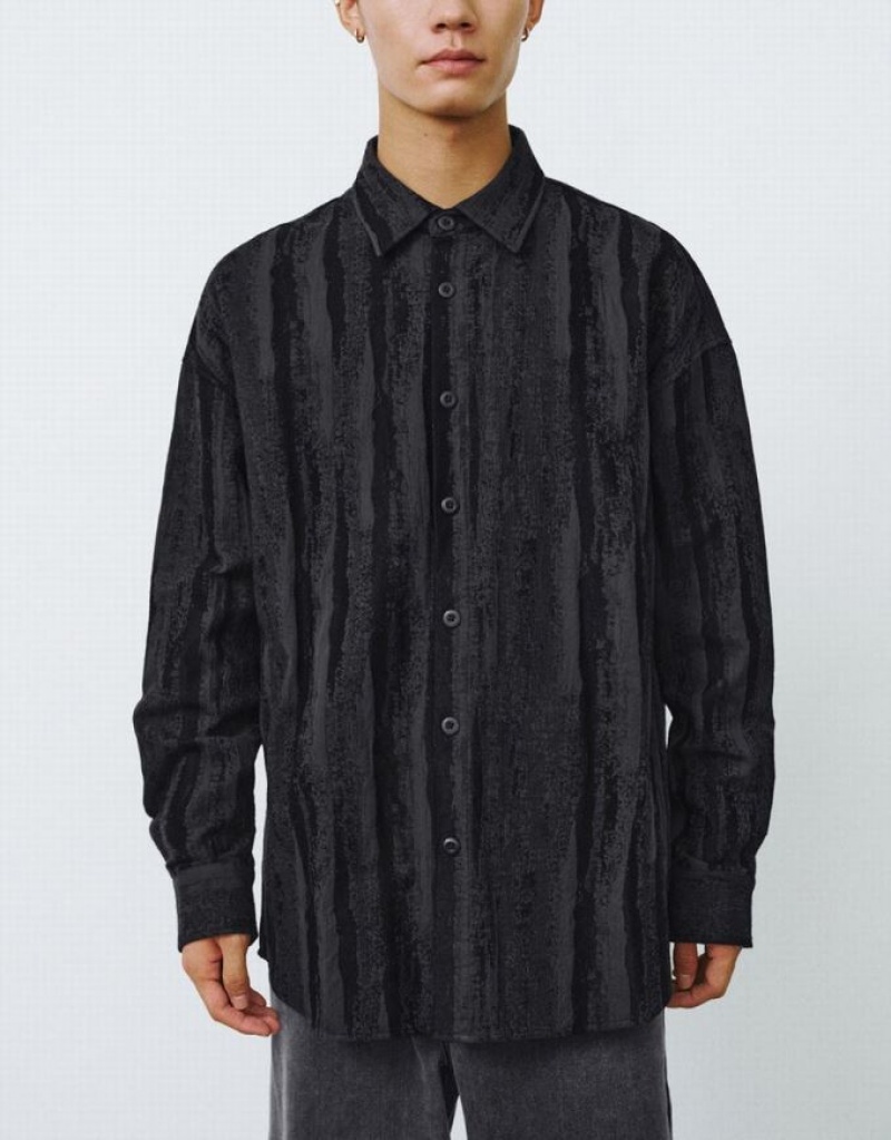 Black Urban Revivo Button Up Printed Loose Men's Shirts | 53698XBMI