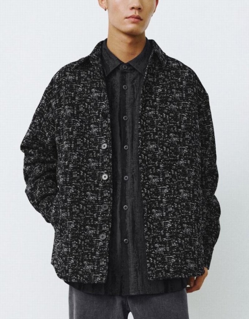 Black Urban Revivo Button Up Printed Men's Jacket | 72963JPKF