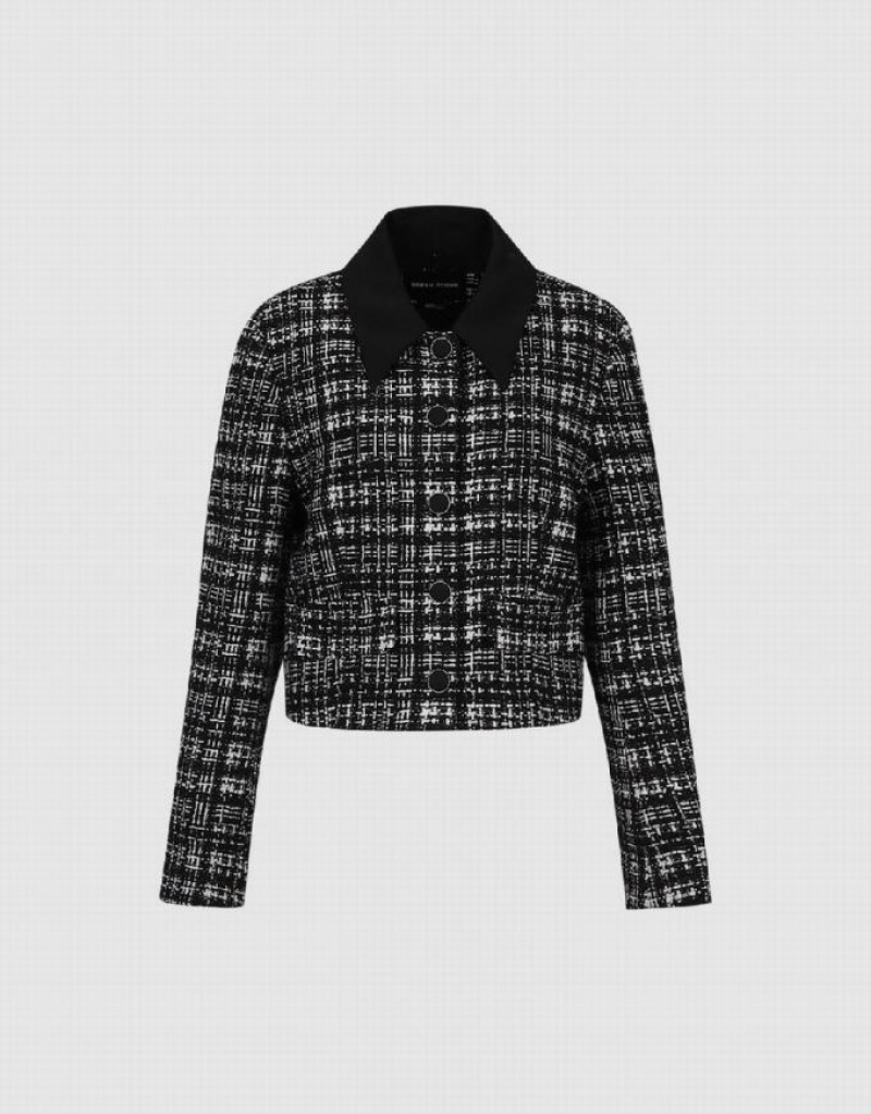 Black Urban Revivo Button Up Tweed Women's Jacket | 81956IKGB