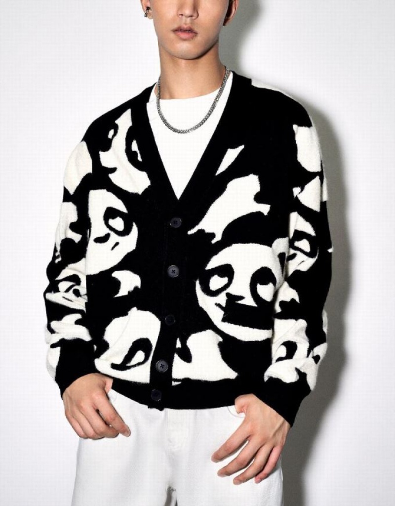 Black Urban Revivo Cartoon Knitted Men's Cardigan | 59483EXTO