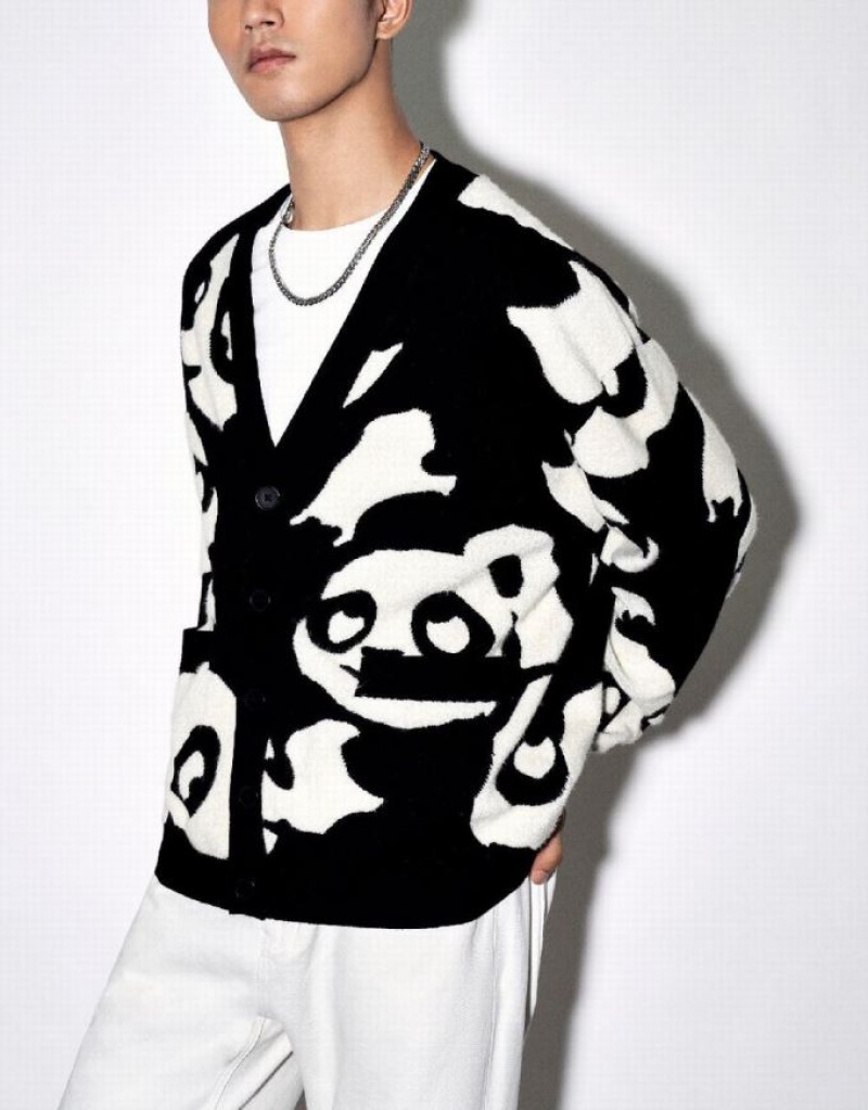 Black Urban Revivo Cartoon Knitted Men's Cardigan | 59483EXTO