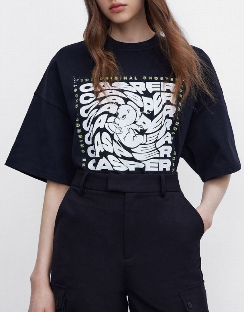 Black Urban Revivo Casper Oversized Women's T-Shirts | 27140QPEX