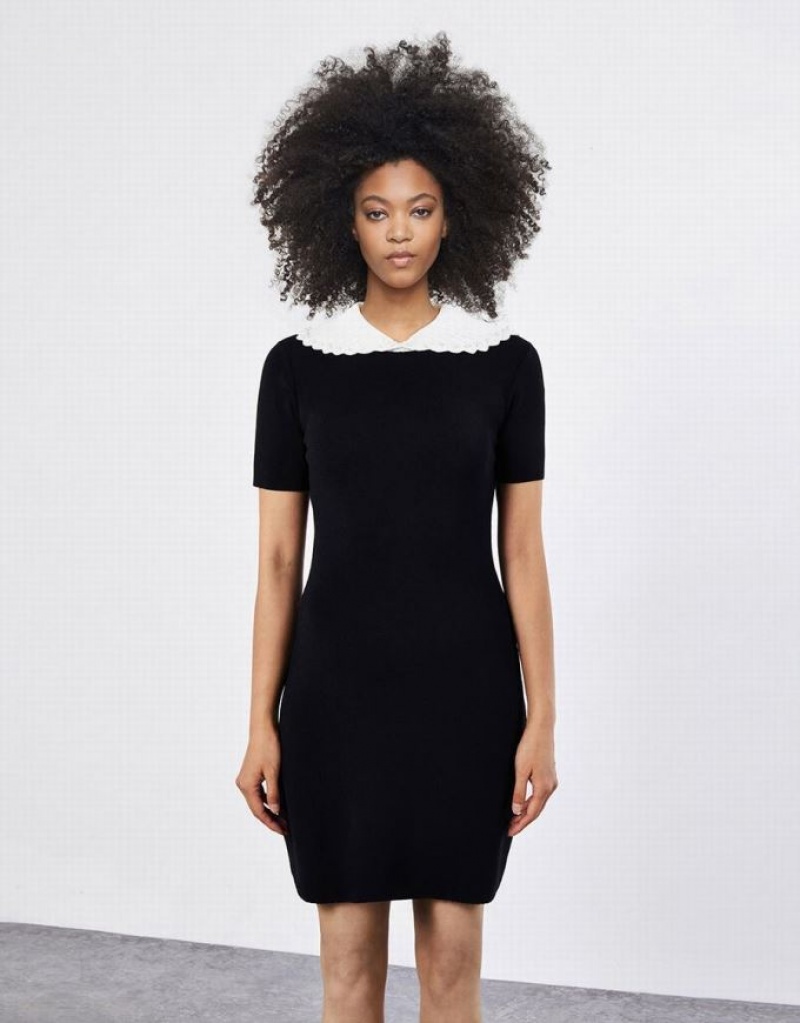 Black Urban Revivo Contrast Collar Women's Knitted Dress | 20194LMTX