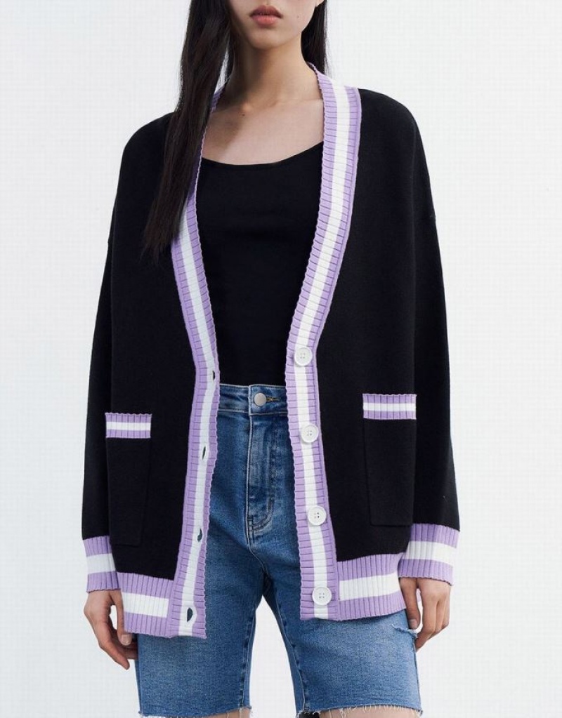 Black Urban Revivo Contrast Trim Button Up Women's Cardigan | 79045TONA