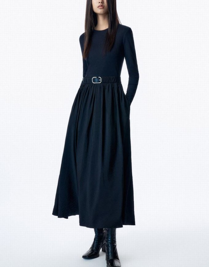 Black Urban Revivo Crew Neck A-Line With Belt Women's Dress | 21483UPJB