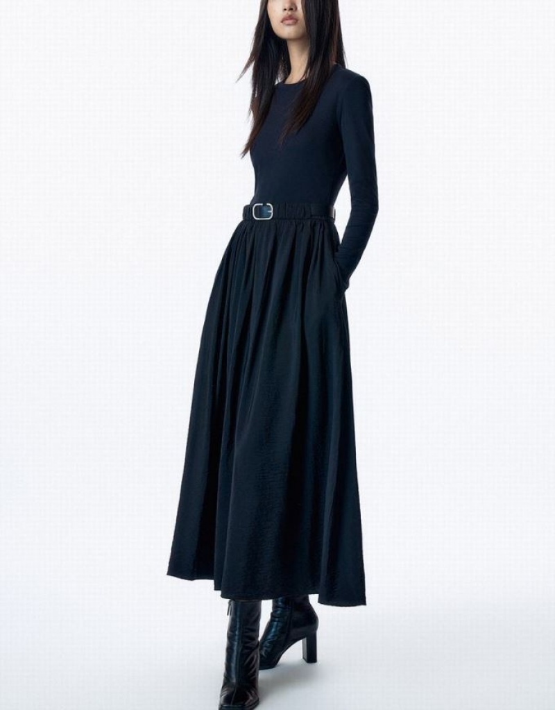 Black Urban Revivo Crew Neck A-Line With Belt Women's Dress | 21483UPJB