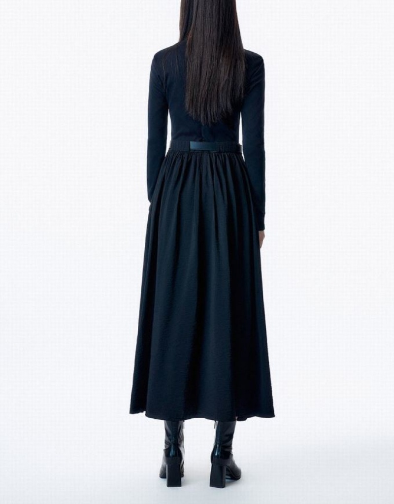 Black Urban Revivo Crew Neck A-Line With Belt Women's Dress | 21483UPJB