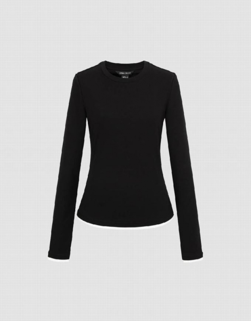 Black Urban Revivo Crew Neck Knitted Skinny Women's T-Shirts | 46789AUYP