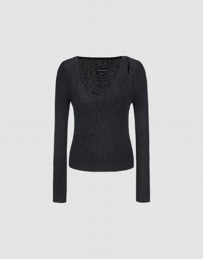 Black Urban Revivo Crew Neck Knitted Women's Cardigan | 58713GIEV