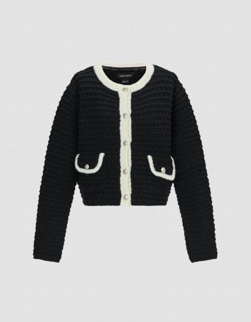 Black Urban Revivo Crew Neck Knitted Women's Cardigan | 14087XYTU