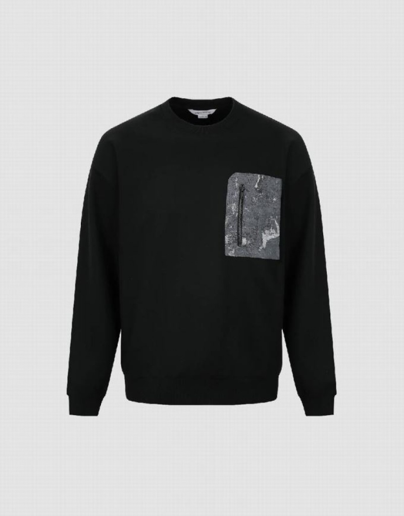 Black Urban Revivo Crew Neck With Zipped Pocket Men's Sweatshirts | 13479YXRB