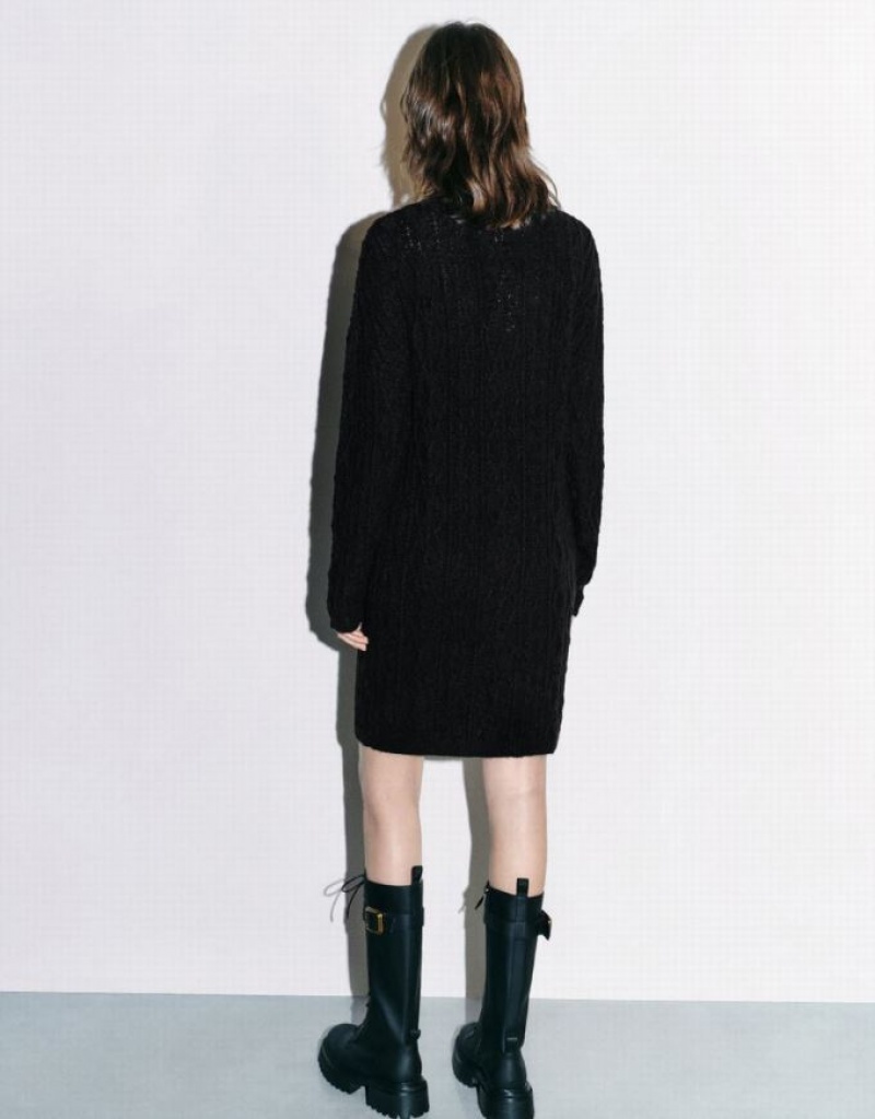 Black Urban Revivo Crew Neck Women's Knitted Dress | 54197VEJA