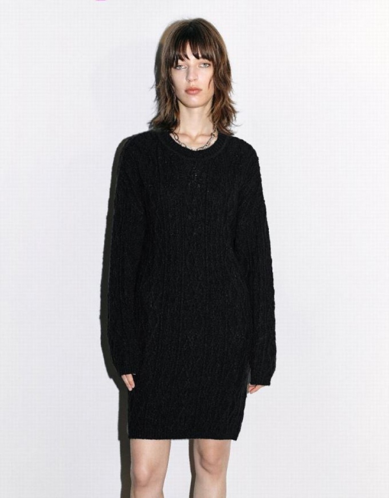 Black Urban Revivo Crew Neck Women\'s Knitted Dress | 54197VEJA