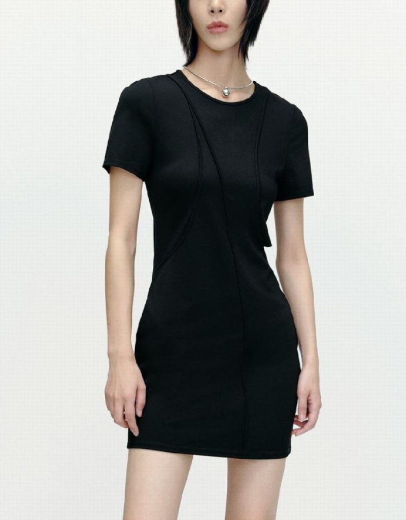 Black Urban Revivo Cut-Out Crew Neck Skinny Women's Dress | 13078UPQO