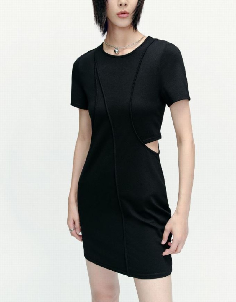 Black Urban Revivo Cut-Out Crew Neck Skinny Women's Dress | 13078UPQO