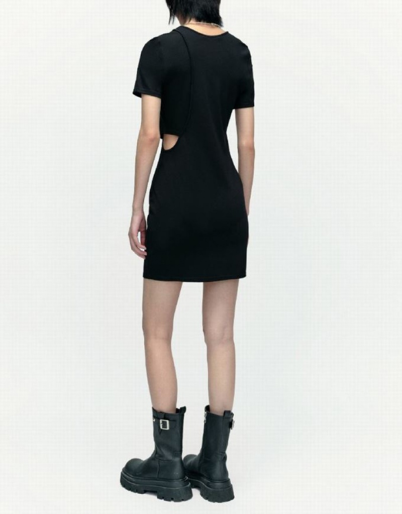 Black Urban Revivo Cut-Out Crew Neck Skinny Women's Dress | 13078UPQO