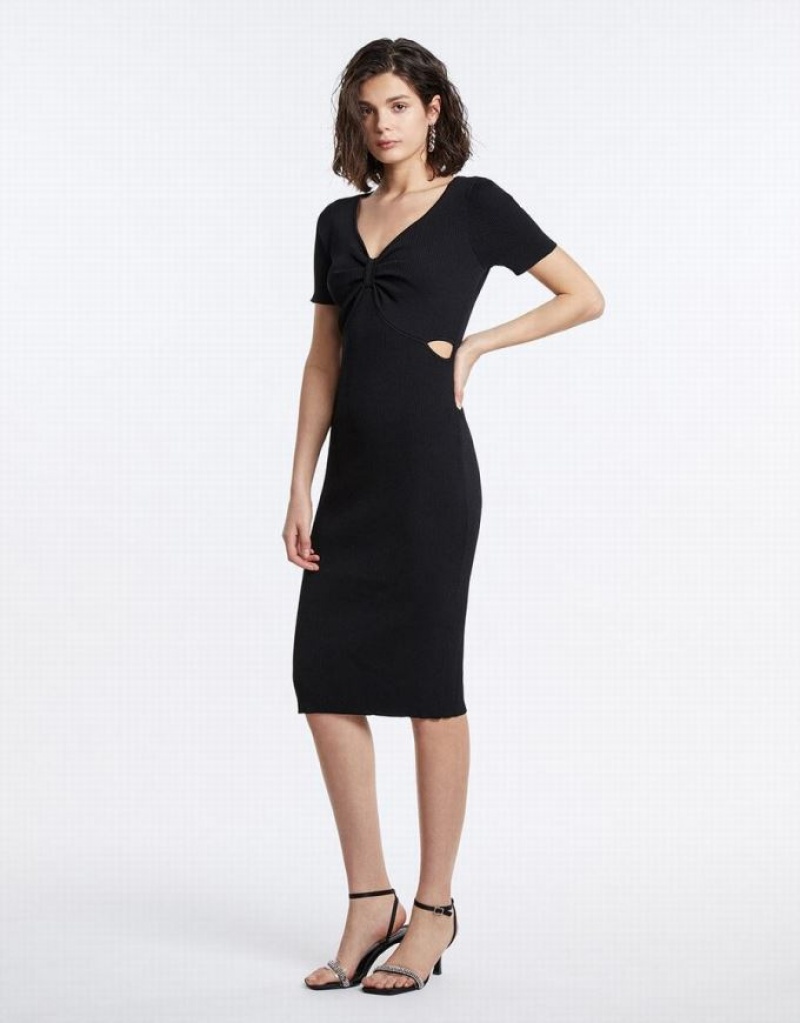 Black Urban Revivo Cut Out Knot Front Midi Women's Knitted Dress | 79536PJAN