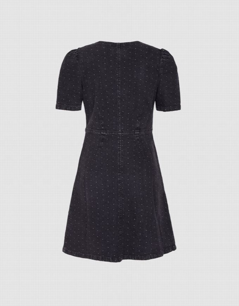 Black Urban Revivo Cut Out Polka Dot Button Front Women's Denim Dress | 50839ZEHA