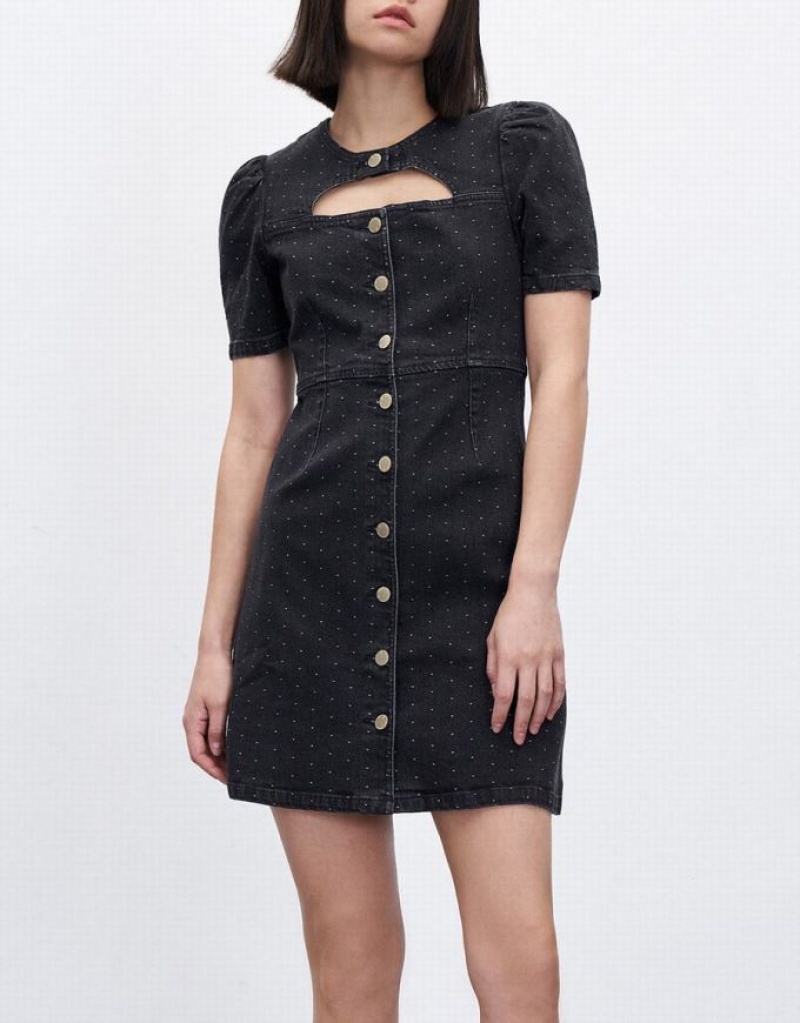 Black Urban Revivo Cut Out Polka Dot Button Front Women's Denim Dress | 50839ZEHA