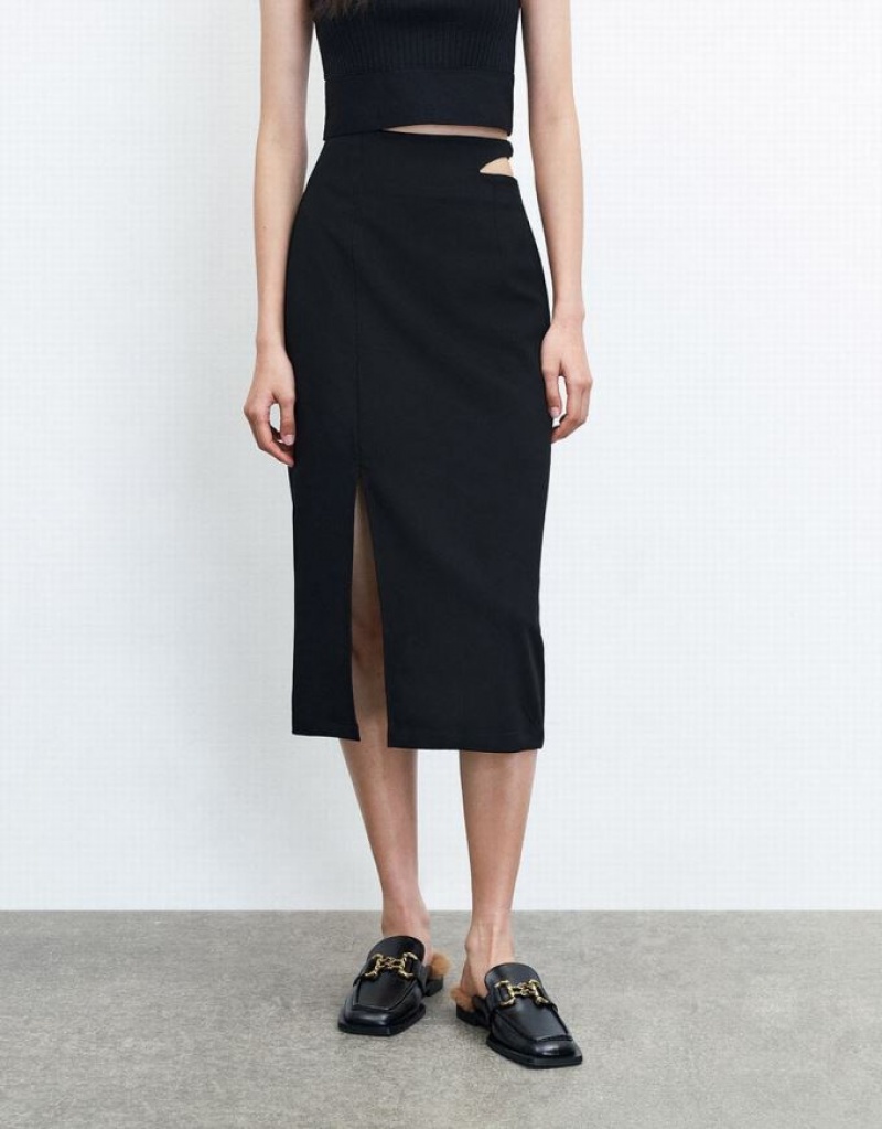 Black Urban Revivo Cut Out Split Hem Women's Skirts | 83490IWUZ