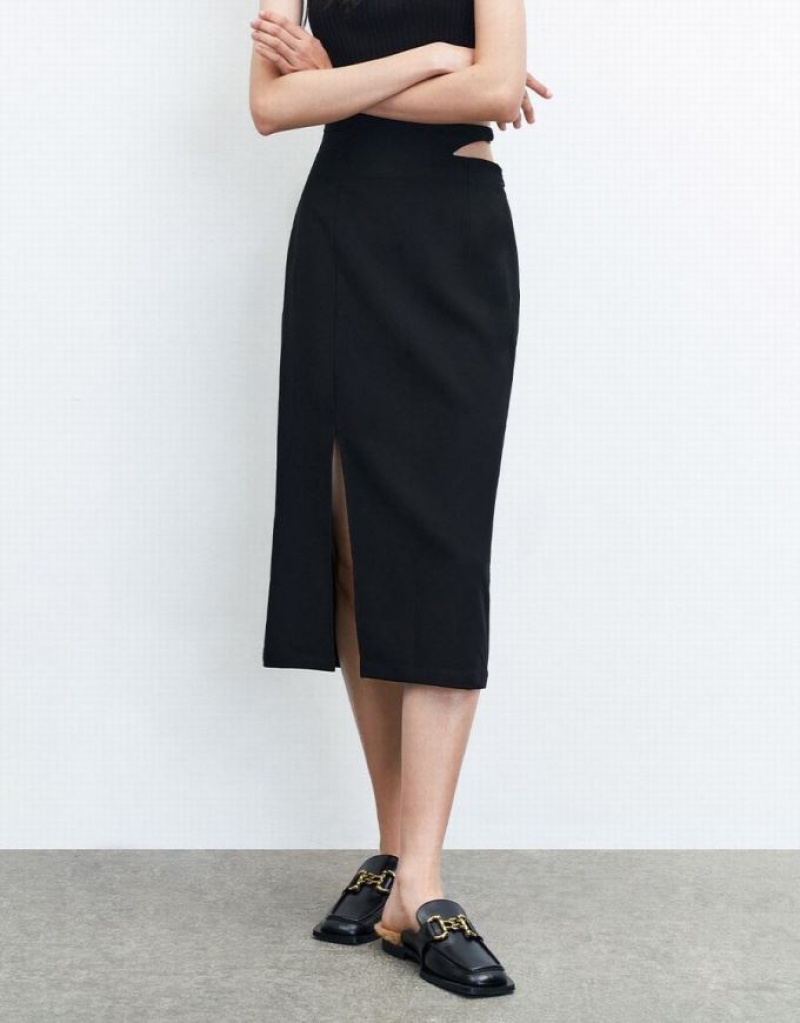 Black Urban Revivo Cut Out Split Hem Women's Skirts | 83490IWUZ