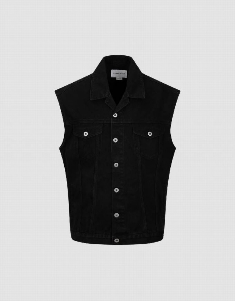 Black Urban Revivo Denim Waistcoat Men's Denim Jackets | 45960LNYX