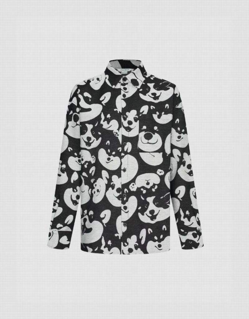 Black Urban Revivo Dog Printed Oversized Men's Shirts | 67584KOXA