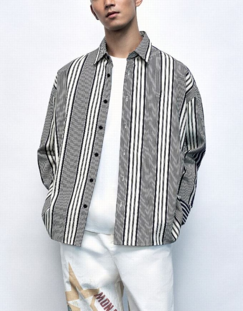 Black Urban Revivo Dolman Sleeve Striped Loose Men's Shirts | 10247QOMI