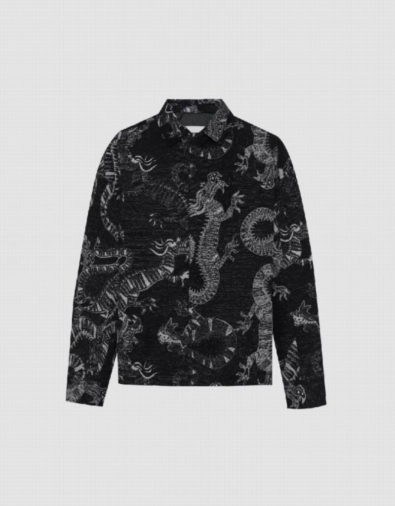 Black Urban Revivo Dragon Printed Straight Men's Jacket | 53192ZDKV