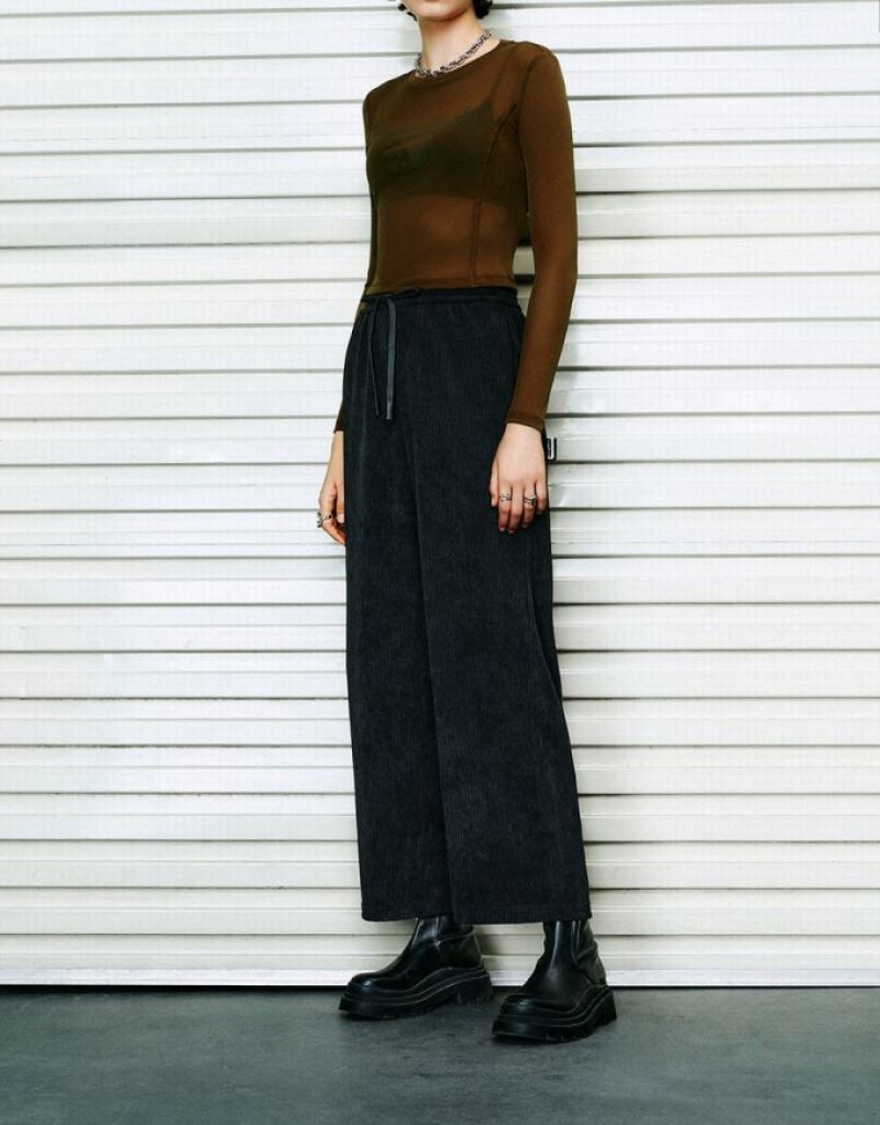 Black Urban Revivo Drawstring Waist Knitted Wide-Leg Women's Pants | 95678GYRI