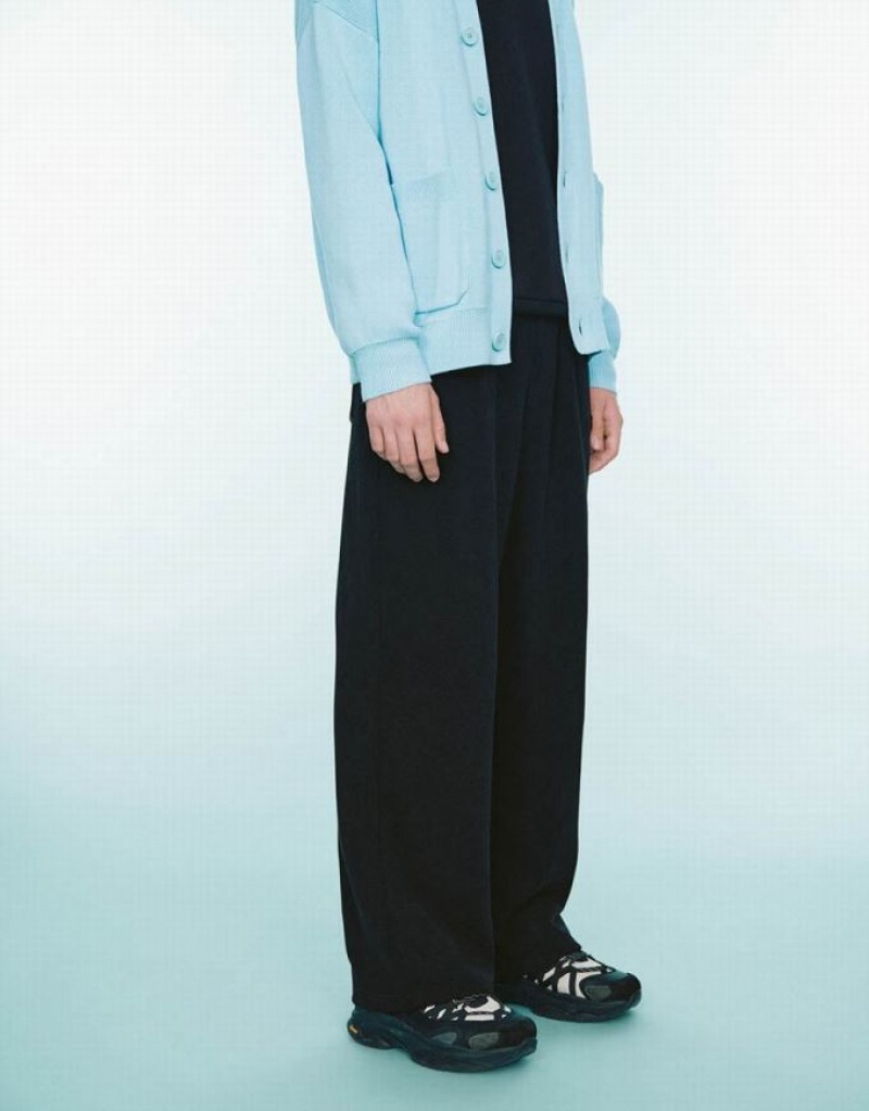 Black Urban Revivo Drawstring Waist Knitted Wide-Leg Men's Pants | 69183NWJF