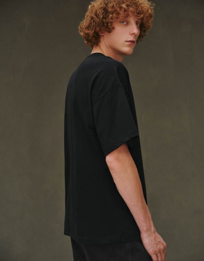 Black Urban Revivo Drop Shoulder Sleeve Crew Neck Men's T-Shirts | 19584CFXW