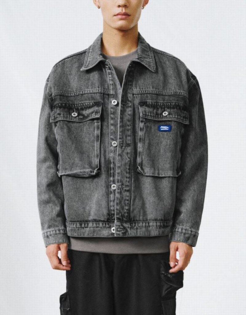 Black Urban Revivo Drop Shoulder Sleeve Men's Denim Jackets | 78549XUEJ