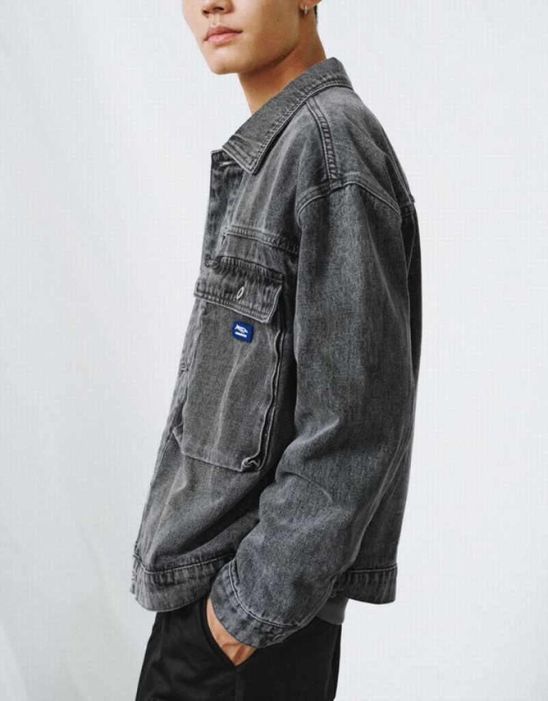 Black Urban Revivo Drop Shoulder Sleeve Men's Denim Jackets | 78549XUEJ