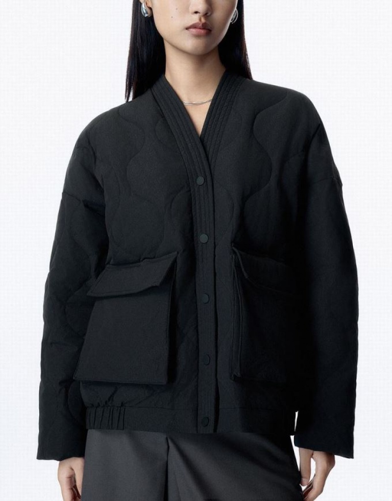 Black Urban Revivo Drop Shoulder Sleeve V-Neck Women's Down Jackets | 54037KYCI