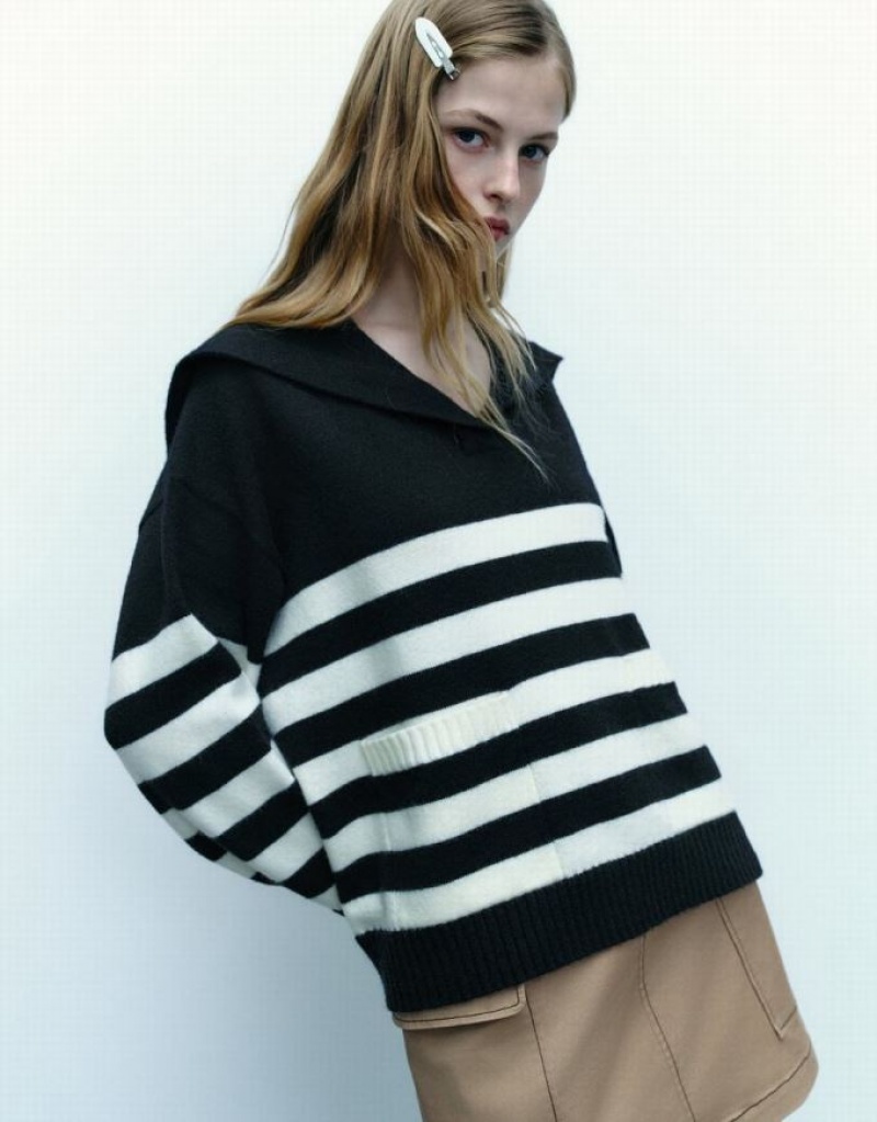 Black Urban Revivo Drop Shoulder Sleeve Striped Knitted Women's Cardigan | 87245WAOC