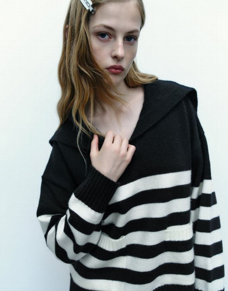 Black Urban Revivo Drop Shoulder Sleeve Striped Knitted Women's Cardigan | 87245WAOC