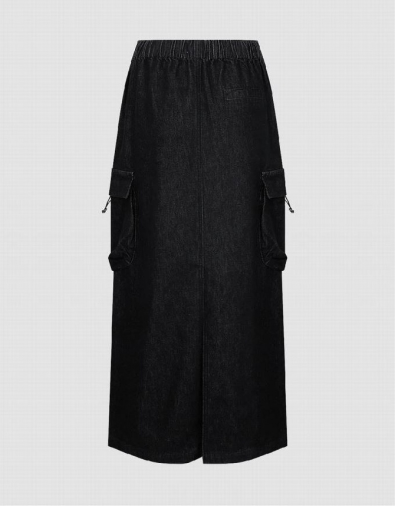 Black Urban Revivo Elastic Waist Straight Women's Denim Skirt | 37658SENU