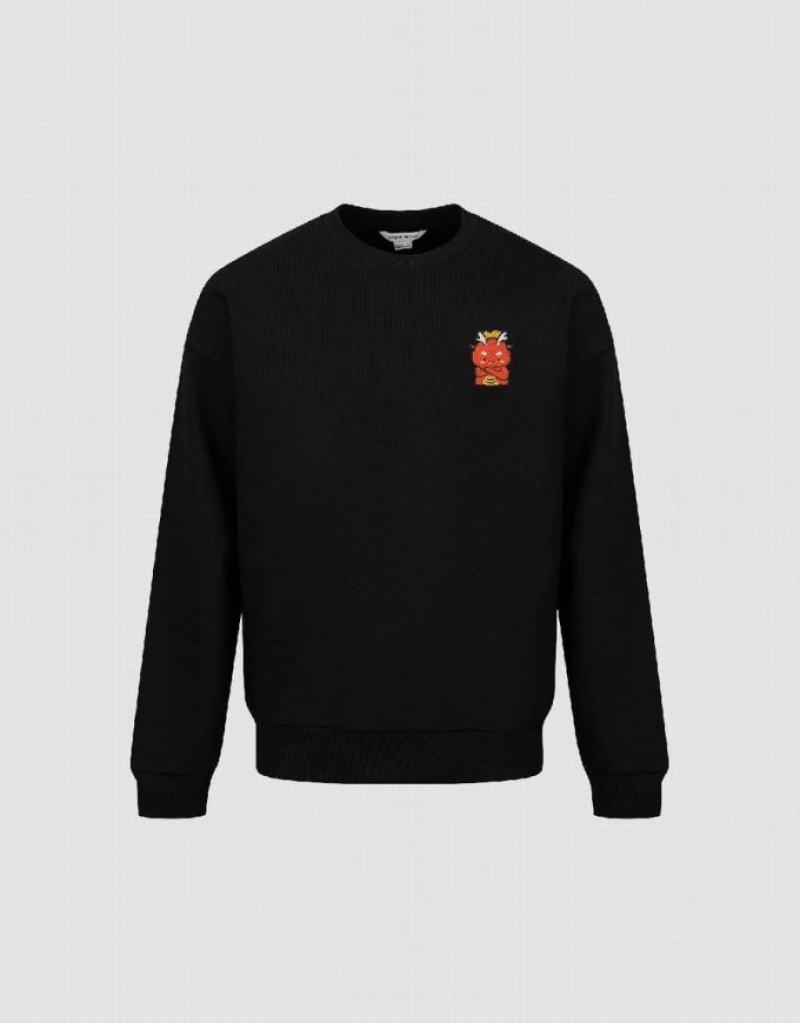 Black Urban Revivo Embossed Crew Neck Men's Sweatshirts | 91246OTNH