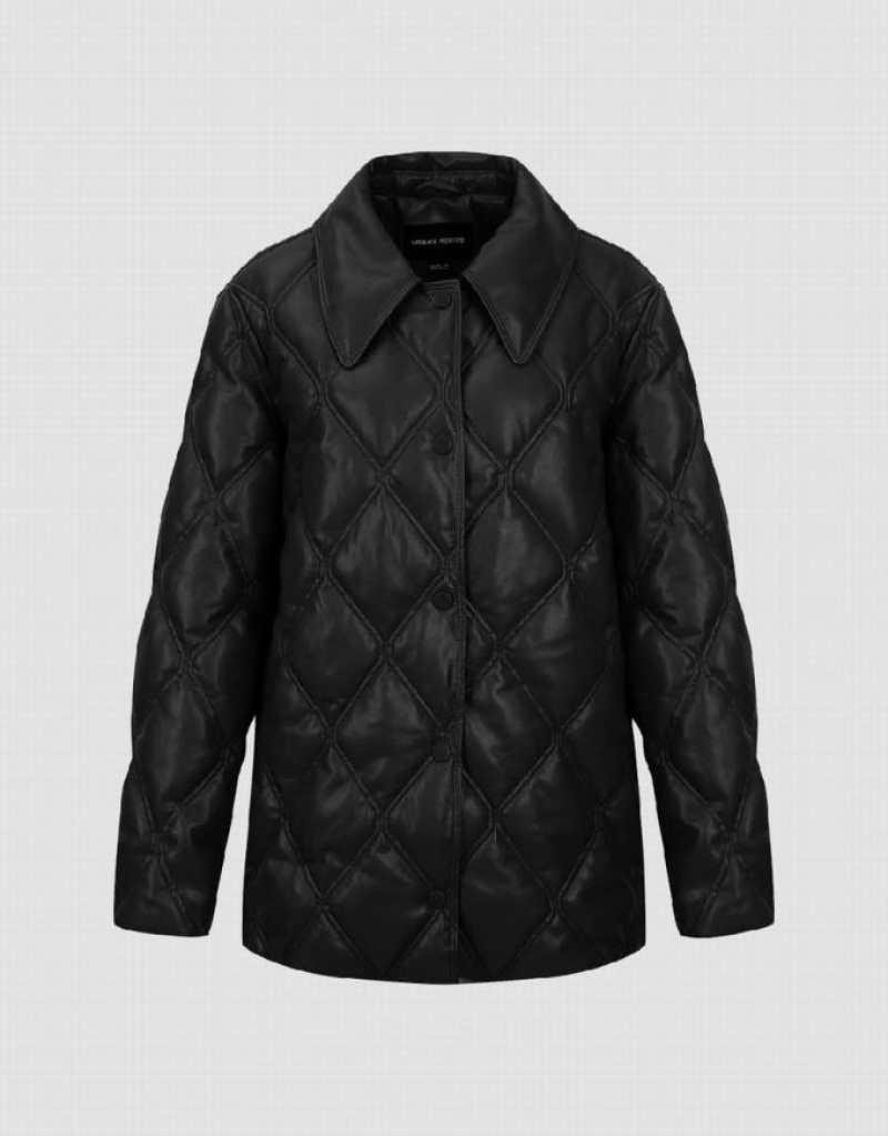 Black Urban Revivo Embossed Straight Padded Women's Coats | 23941HGLF