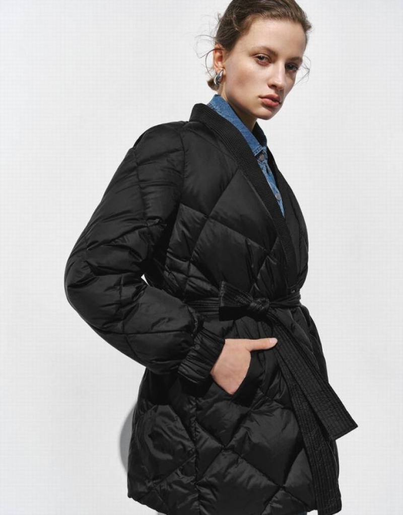 Black Urban Revivo Embossed V-Neck With Belt Women's Down Jackets | 67458HAYX