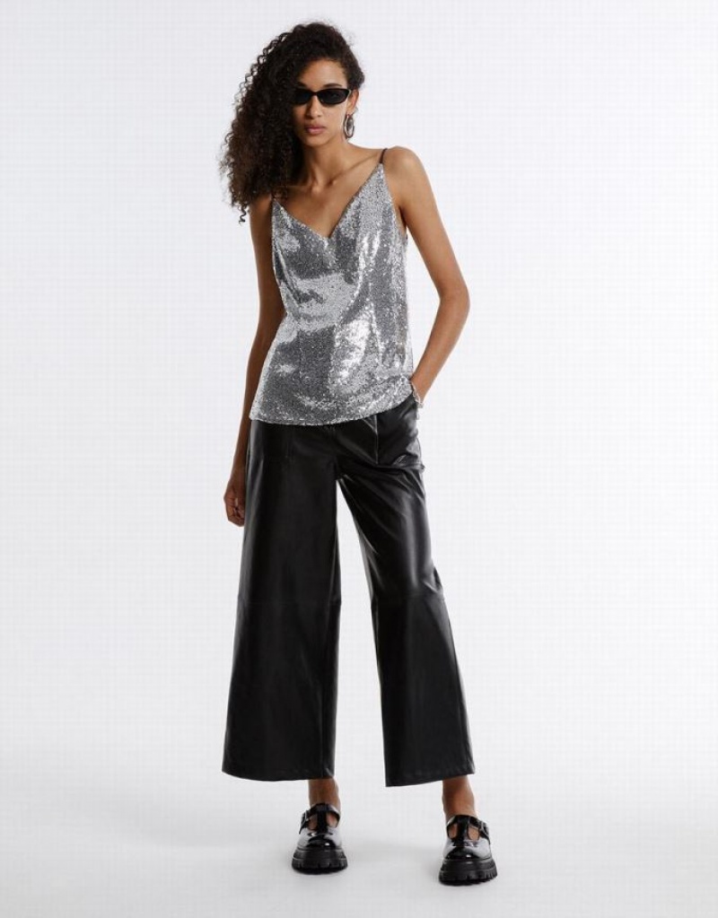 Black Urban Revivo Faux Leather Wide Leg Women's Pants | 92845NMSP