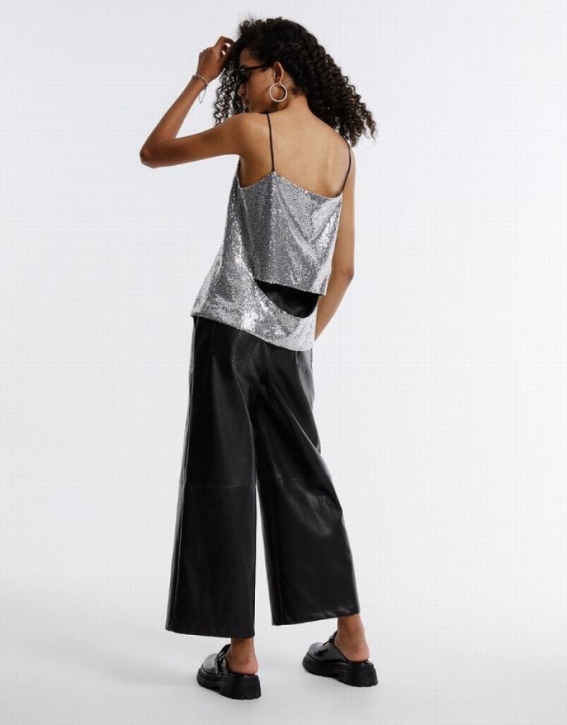 Black Urban Revivo Faux Leather Wide Leg Women's Pants | 92845NMSP