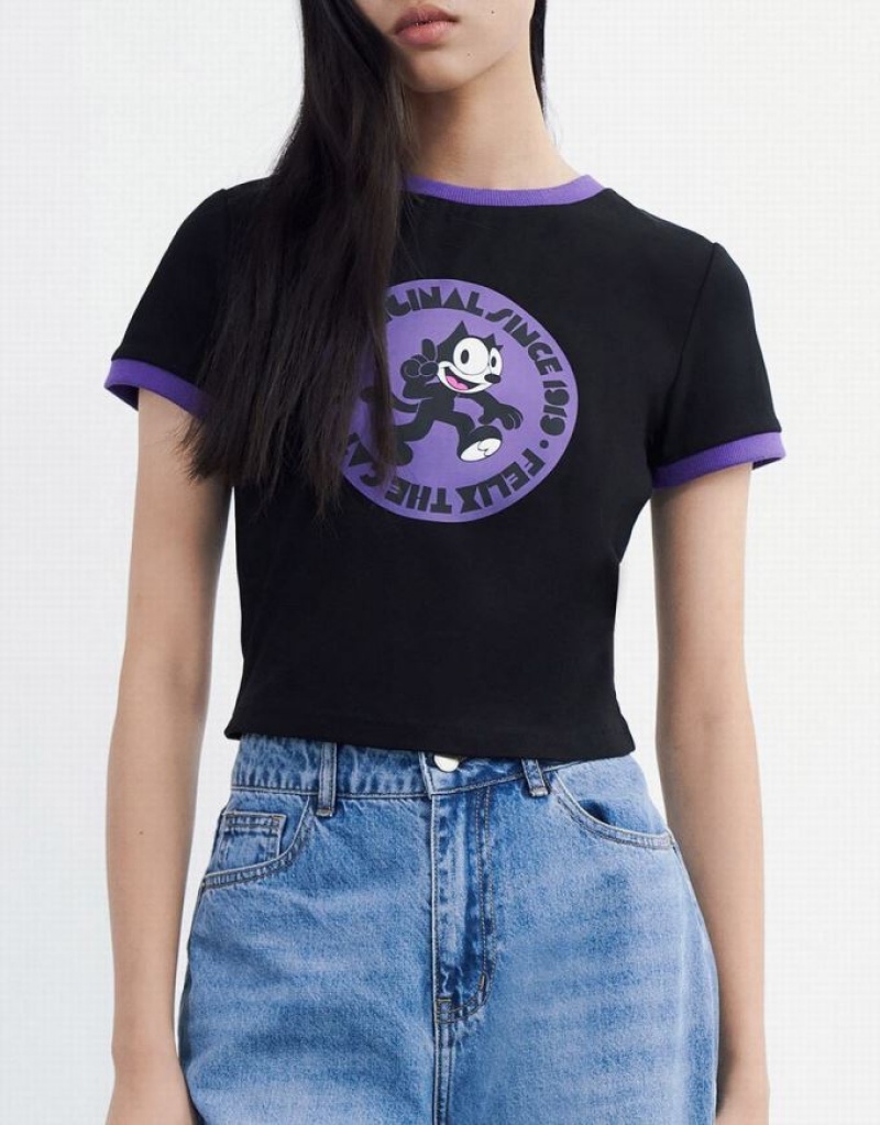 Black Urban Revivo Felix The Cat Women's T-Shirts | 39425TCAV