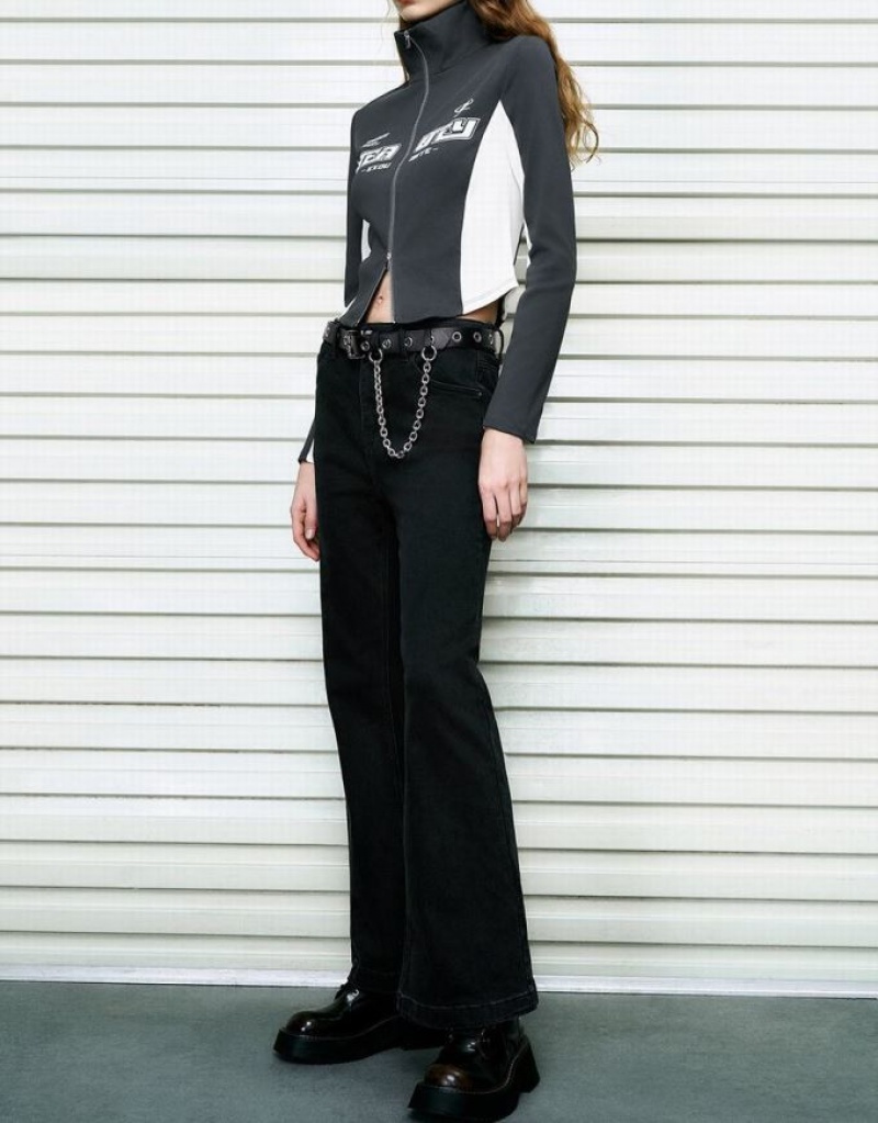 Black Urban Revivo Flare With Belt Women's Jeans | 27340IUTV