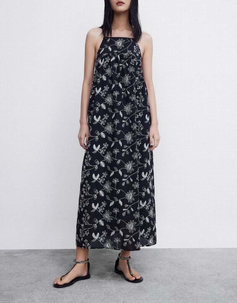 Black Urban Revivo Floral Sleeveless Midi Women's Midi Dress | 12068BJPU