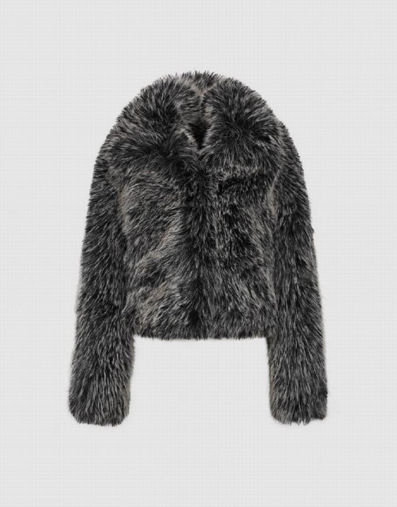 Black Urban Revivo Fluffy Straight Women's Coats | 21736VHGD