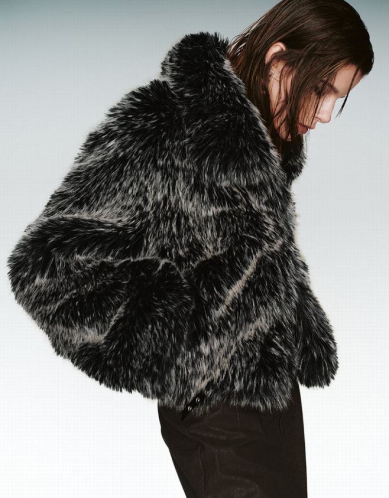 Black Urban Revivo Fluffy Straight Women's Coats | 21736VHGD