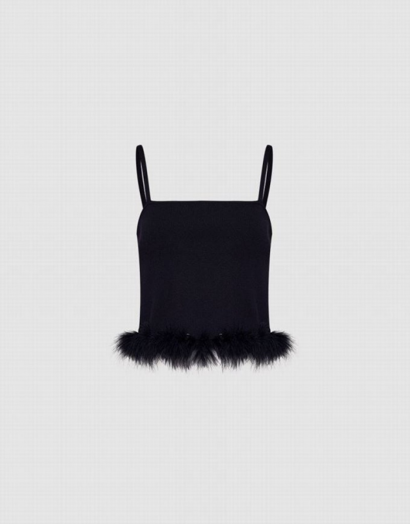 Black Urban Revivo Fluffy Trim Knitted Women's Camisole | 73641NYPM