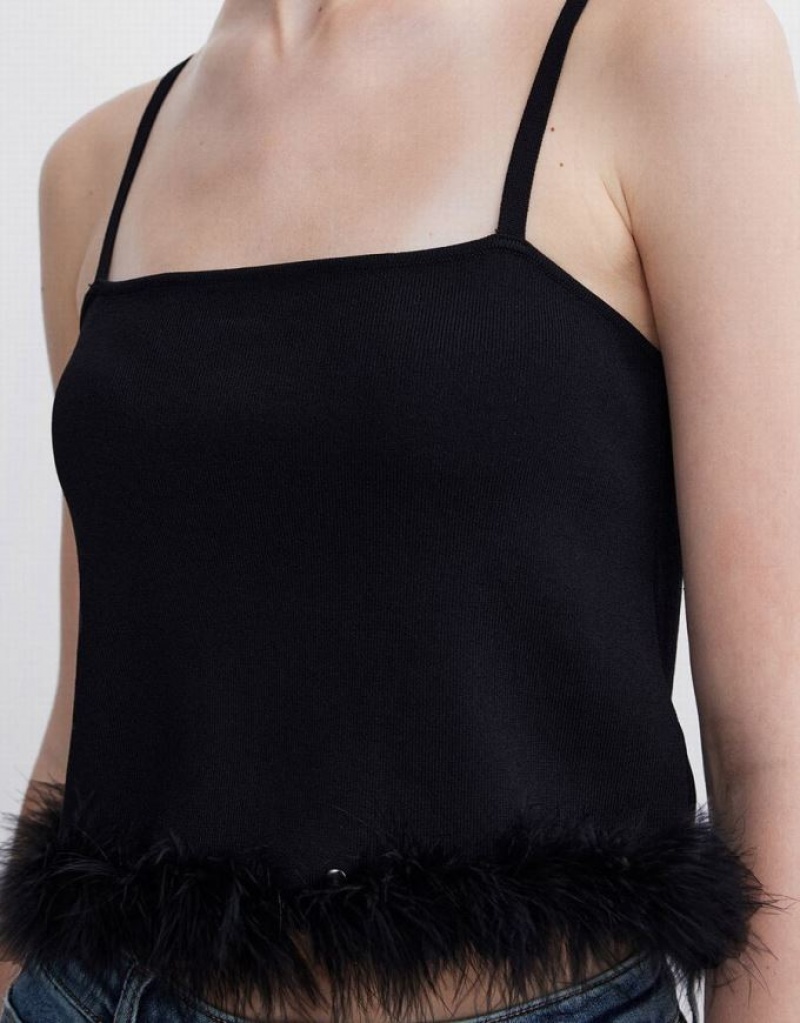 Black Urban Revivo Fluffy Trim Knitted Women's Camisole | 73641NYPM